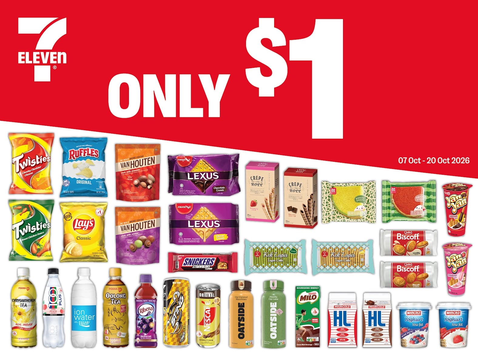 7-Eleven's New $1 Deals (7-20 Oct 2026): 21 Snacks and Drinks at a Dollar, From Lotus Biscoff and Pocari Sweat Ion Water to Twisties