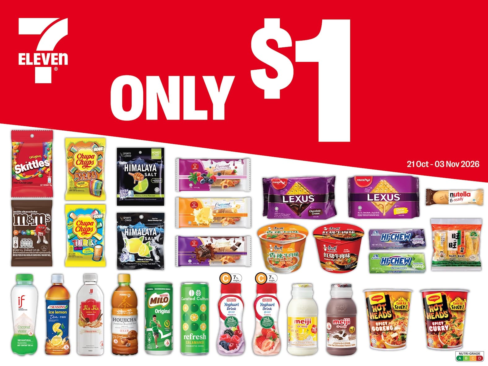 7-Eleven's New $1 Deals (21 Oct-3 Nov 2026): Milo, HI-CHEW, M&M's, Kang Shi Fu Cup Noodles and Skittles at 2 for $1