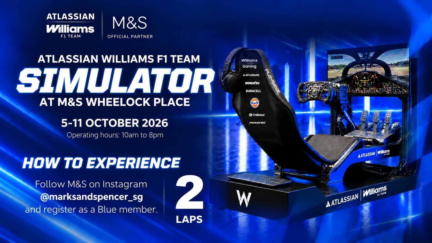 Free Atlassian Williams F1 Simulator at M&S Wheelock Place (5-11 Oct 2026), Plus a $10 Voucher for Finishers
