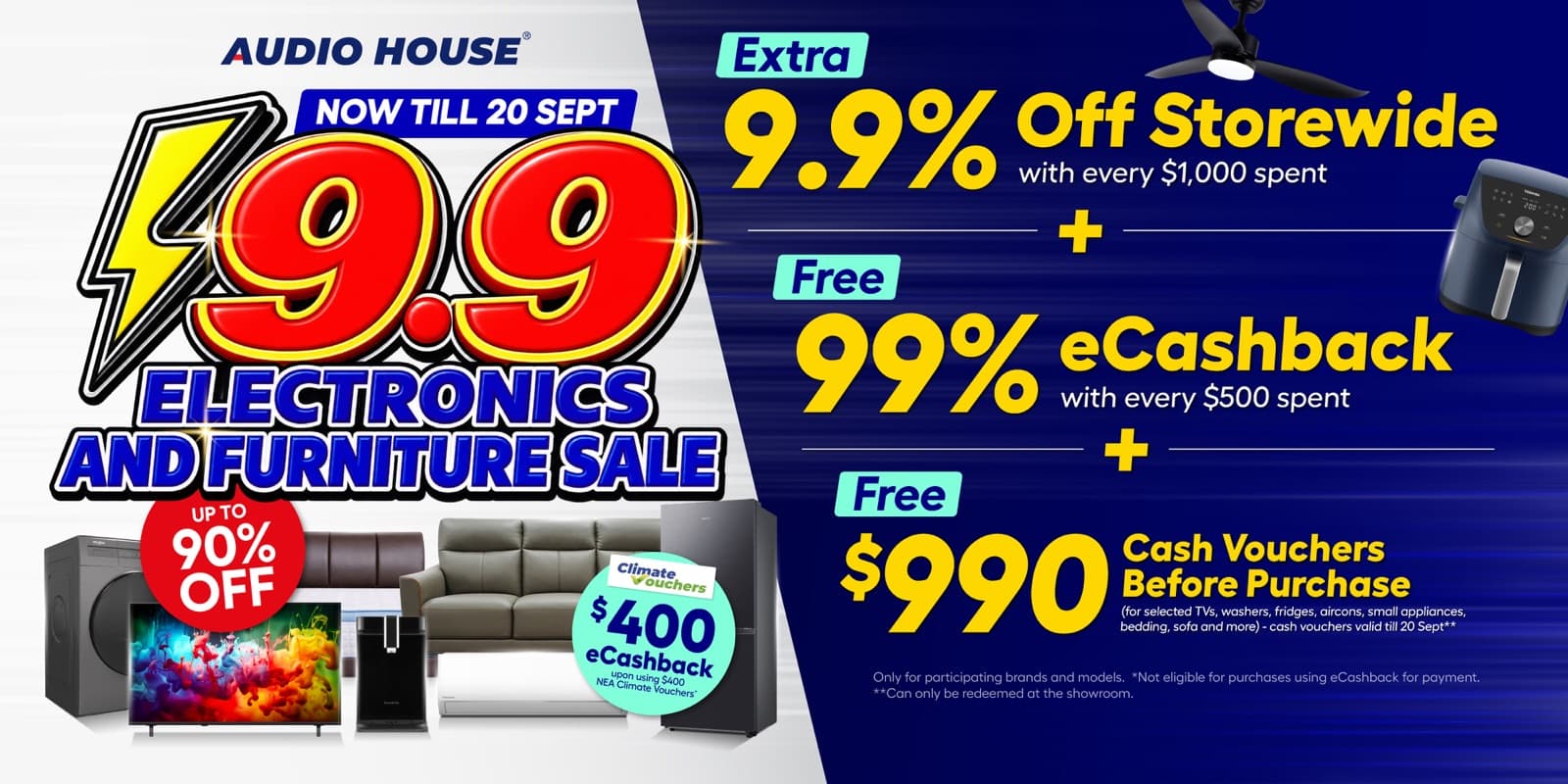 Audio House 9.9 大促跑到 2026 年 9 月 20 日: "免费 99% eCashback" 每消费 $500 送 $495, 但它自己的问答写明每 $100 只能抵用 $20