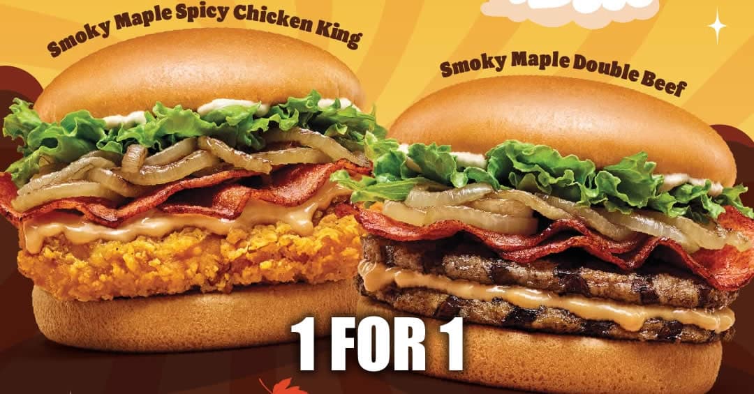 Burger King 1-for-1 Smoky Maple Mayo Burgers — Two Burgers for ~$9.30, In-Store Till 27 July 2026