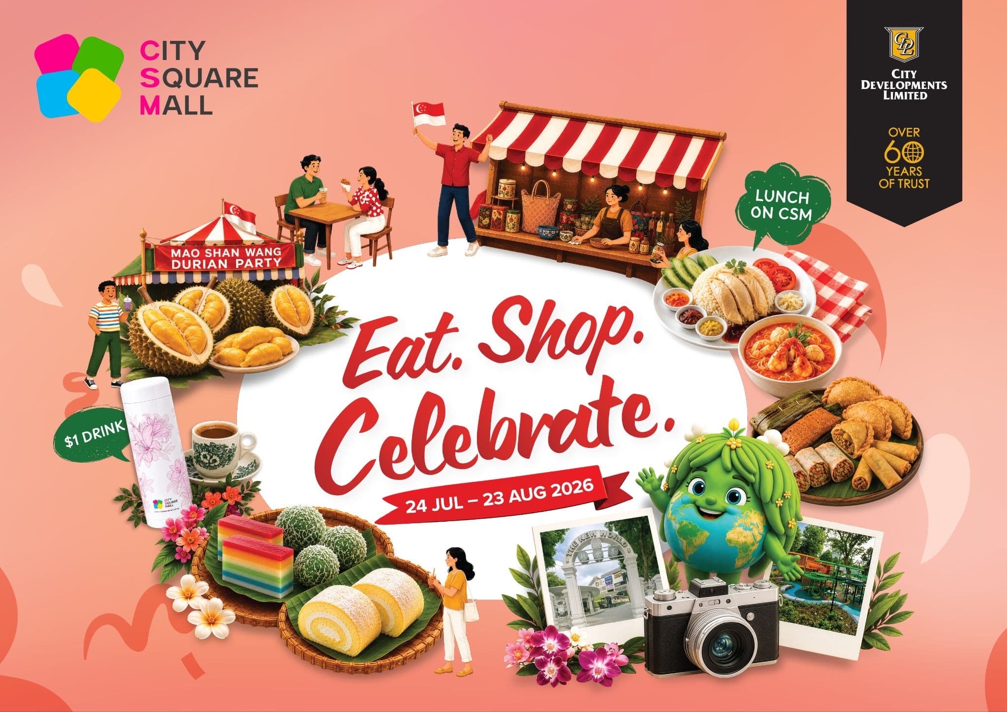 City Square Mall's SG61 'Eat. Shop. Celebrate.' — $1 Drinks (BYO Flask), a Mao Shan Wang Durian Party & a $200 Free-Lunch Contest (24 Jul–23 Aug 2026)