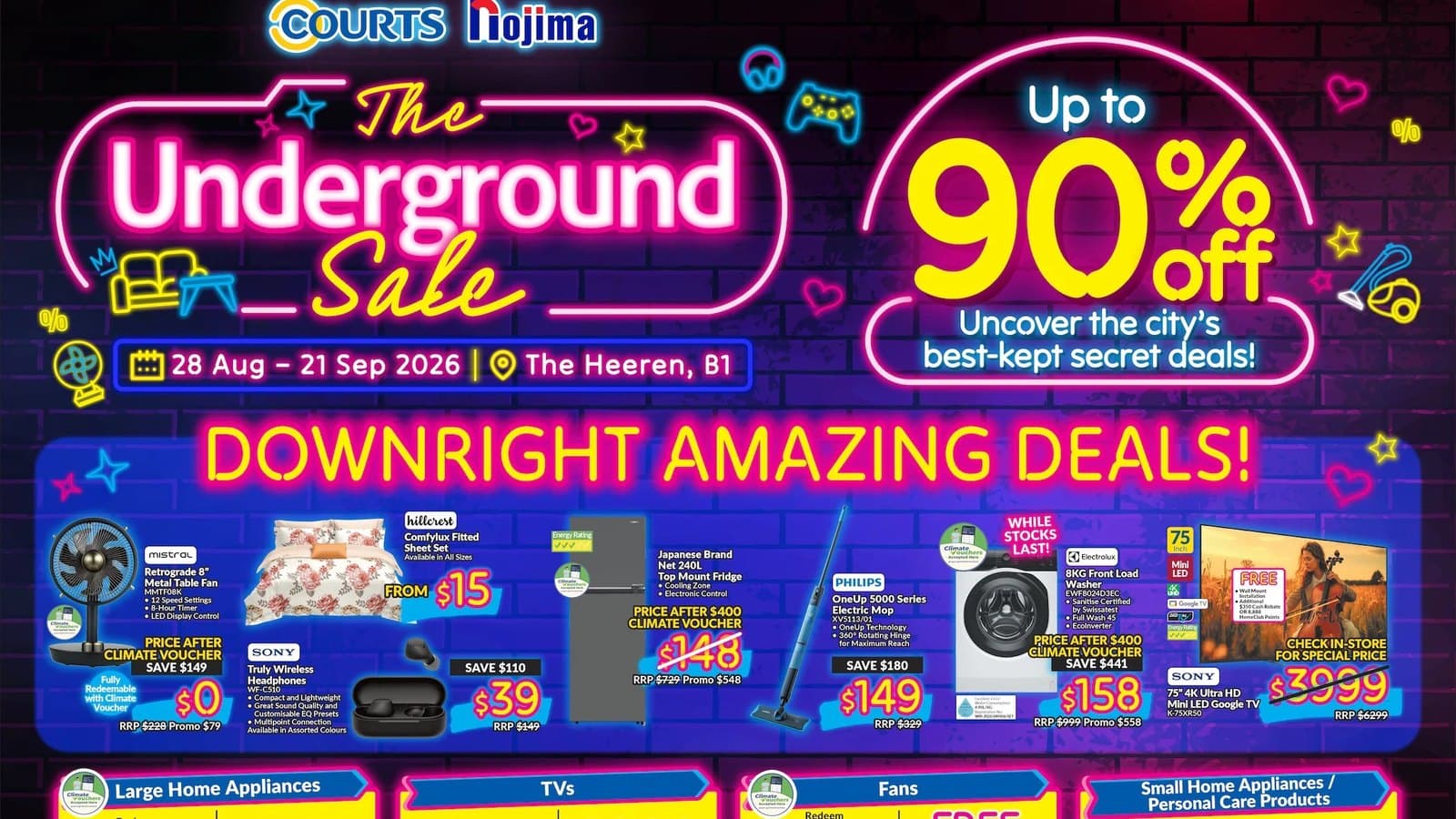 COURTS Nojima's Underground Sale at The Heeren Runs to 21 Sep 2026, but the "Up to 90% Off" Is One Furniture Tile and Every Climate Voucher Price Spends the Same $400