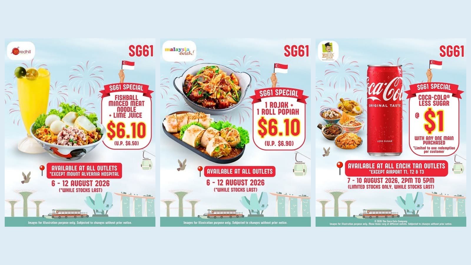 Fei Siong's SG61 Specials: $6.10 Fishball Noodles, $6.10 Rojak + Popiah and a $1 Coke — But Three of the Six Deals Are Outlet- or Time-Limited (6–12 Aug 2026)
