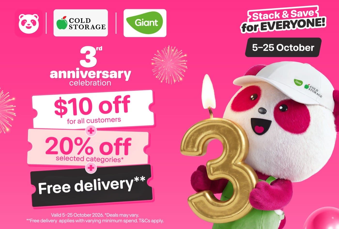 Cold Storage & Giant Turn 3 on foodpanda: $10 Off for Everyone + 20% Off Weekly Categories + Free Delivery, to 25 Oct