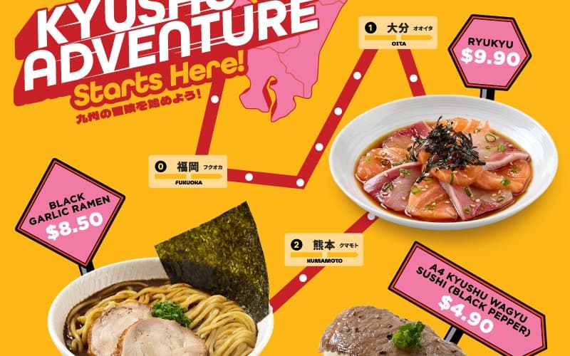 Genki Sushi 'Kyushu Adventure' Fair — A4 Kyushu Wagyu Sushi $4.90, Black Garlic Ramen $8.50, Ryukyu Donburi $9.90 (Till 26 Jul 2026)