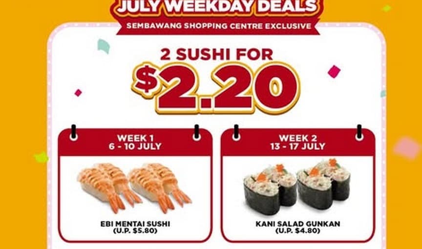 Genki Sushi Sembawang Grand Opening — 2 Sushi for $2.20 Every Weekday + FREE Salmon Sushi (6–31 Jul 2026)