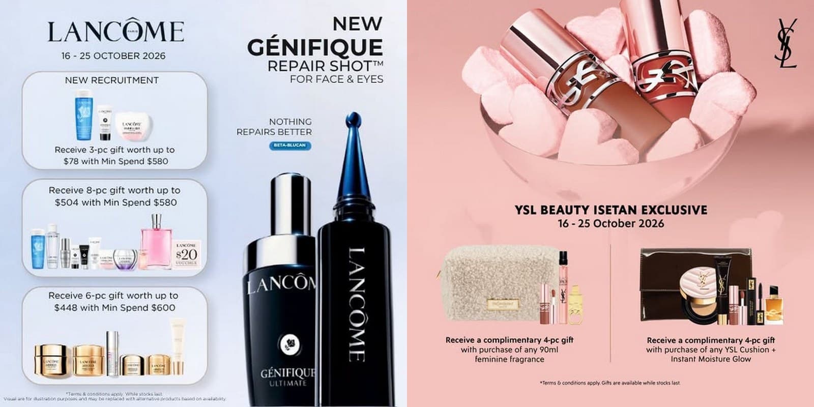 Isetan L'Oréal 品牌周: Lancôme、YSL、Kiehl's、Armani 与植村秀全线 9 折, 另送最高价值 $504 的礼品组, 10 月 16 至 25 日