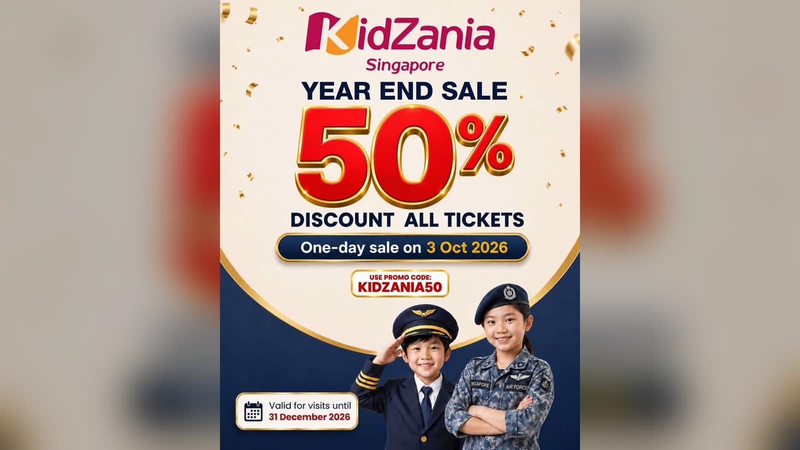 KidZania 新加坡全票 5 折, 只限 10 月 3 日 (周六) 一天: 优惠码 KIDZANIA50, 可玩到 12 月 31 日
