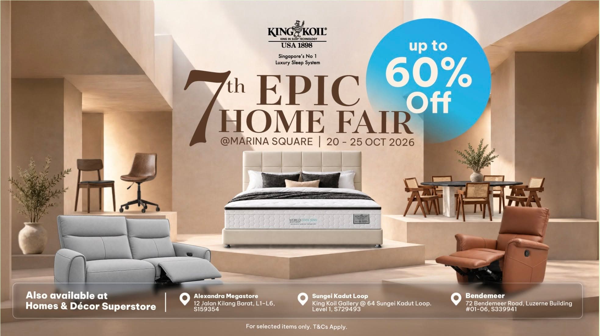 King Koil 7th Epic Home Fair at Marina Square: Up to 60% Off Mattresses, Sofas and Dining Sets (20-25 Oct 2026)