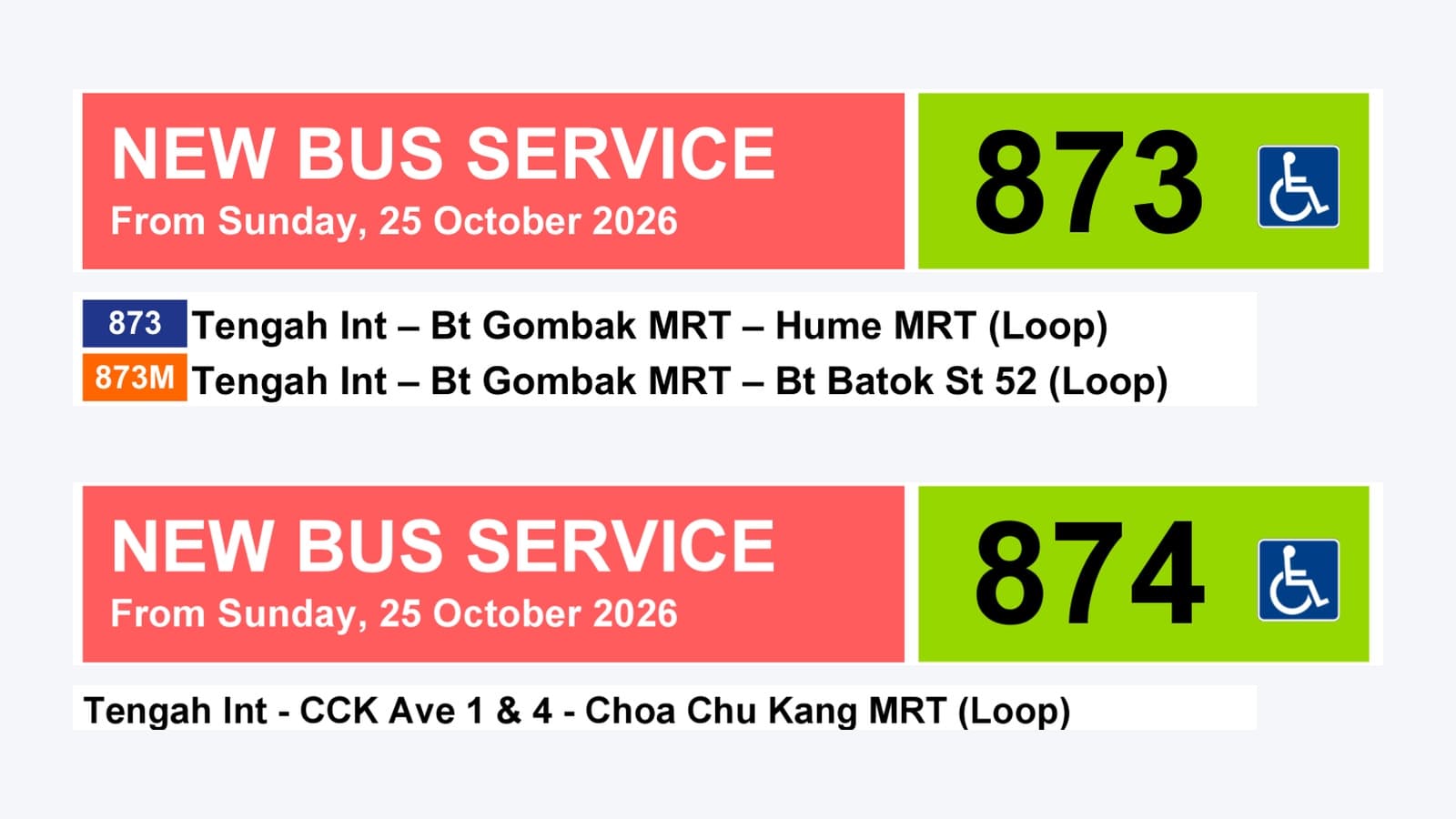 LTA Adds 3 New Bus Services: 873 and 874 Start From Tengah on 25 October, Plus a Woodlands Route for the RTS Link