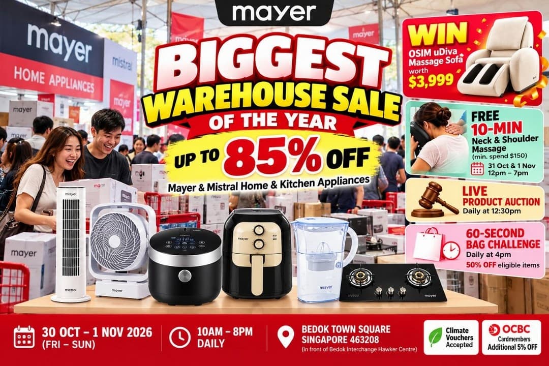 Mayer Biggest Warehouse Sale at Bedok Town Square, 30 Oct-1 Nov 2026: Up to 85% Off, $9 Water Jug, $39 Air Fryer and $219 Gas Hobs