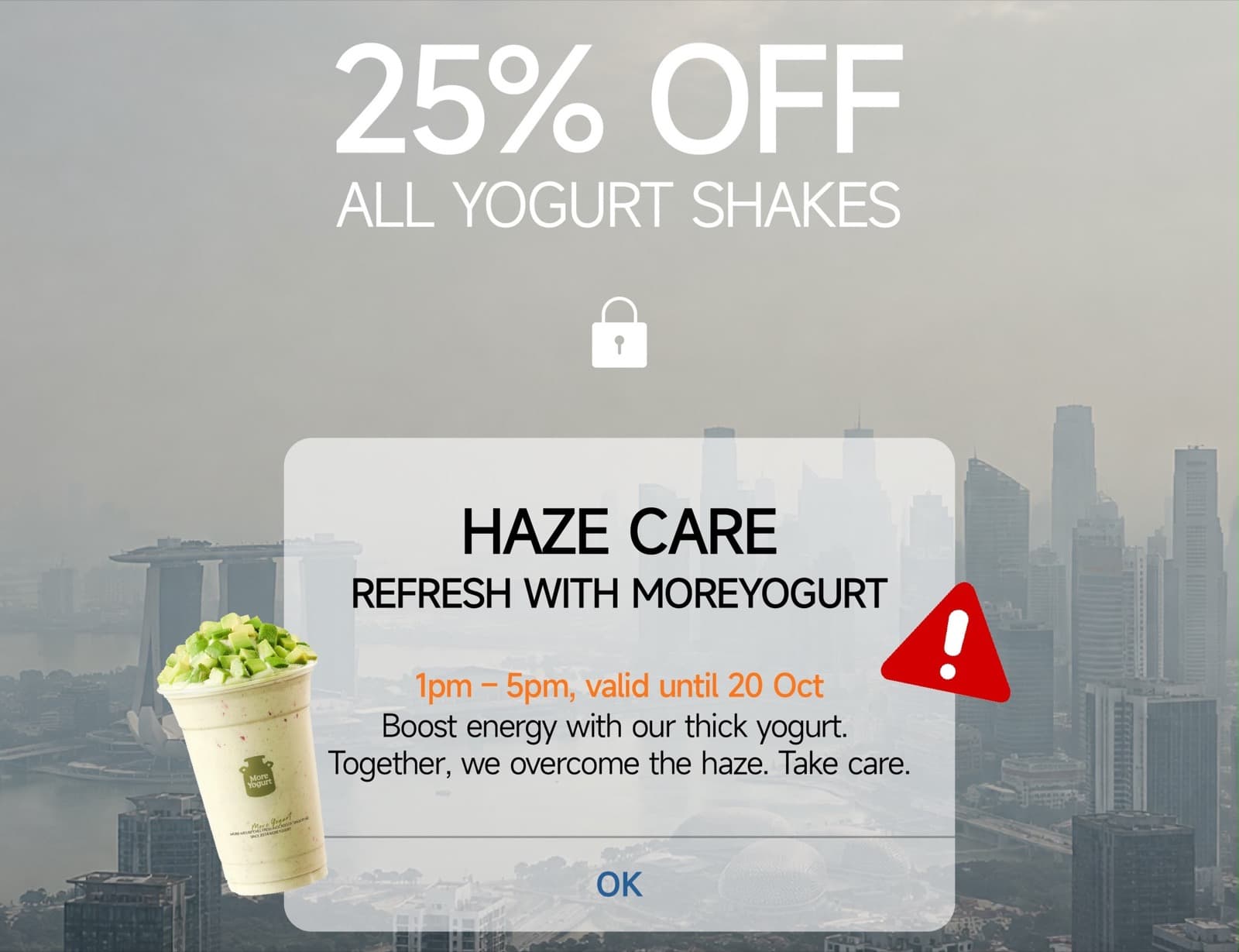 MoreYogurt 茉酸奶 Haze Care: 所有酸奶奶昔 75 折, 每天下午 1 点至 5 点, 做到 2026 年 10 月 20 日 (周二)