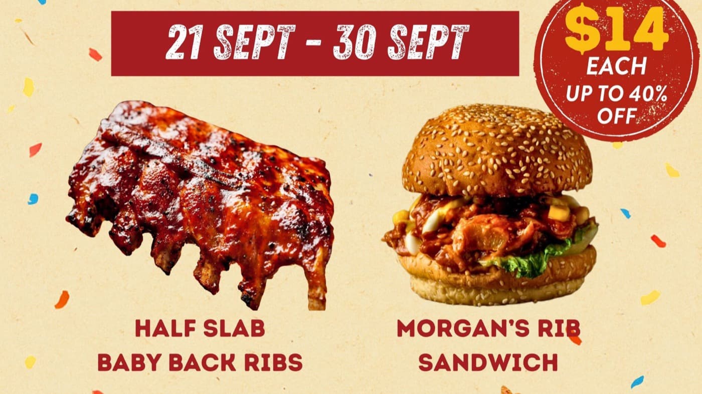 Morganfield's $14 Anniversary Specials: Baby Back Ribs, Rib Sandwich, Riblets and a Pitcher at $14 Each, Suntec City to 30 Sep 2026