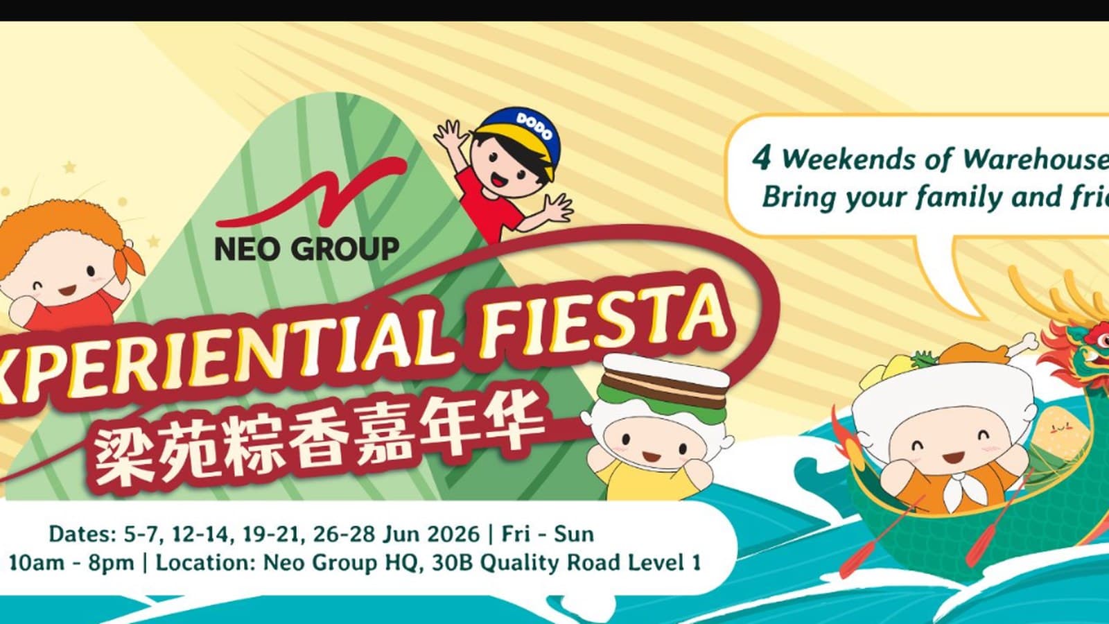 Neo Group Experiential Fiesta — 4 Weekends of Warehouse Deals up to 80% Off + S$3 Curry Chicken + S$5 Dabao Box (5-28 Jun 2026, Quality Road HQ)
