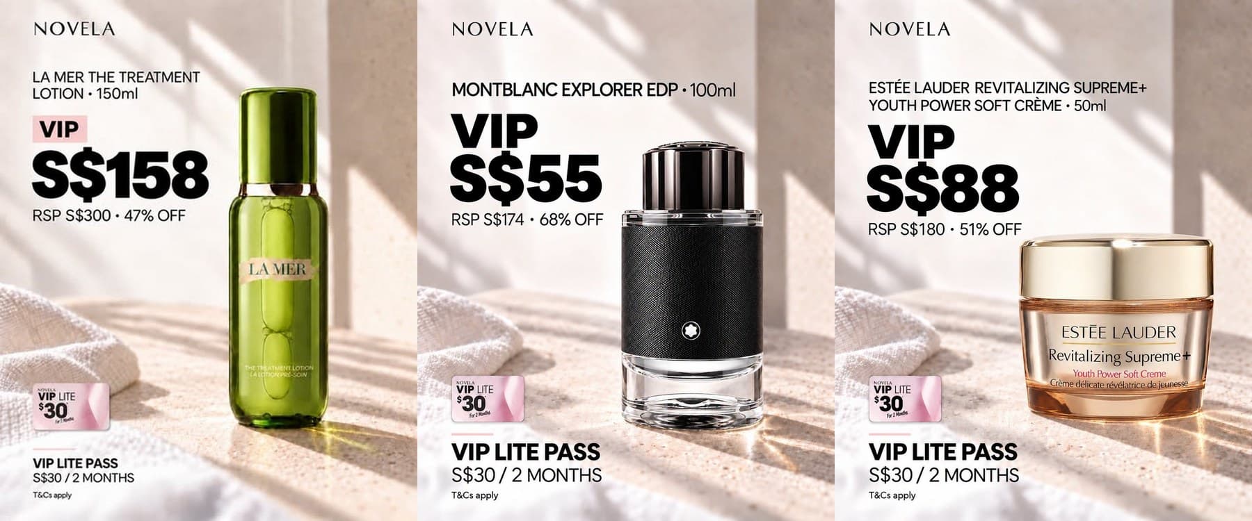 Novela VIP Lite Pass: S$30 Buys 2 Months of VIP Beauty Prices, La Mer Treatment Lotion at S$158 (Oct 2026)