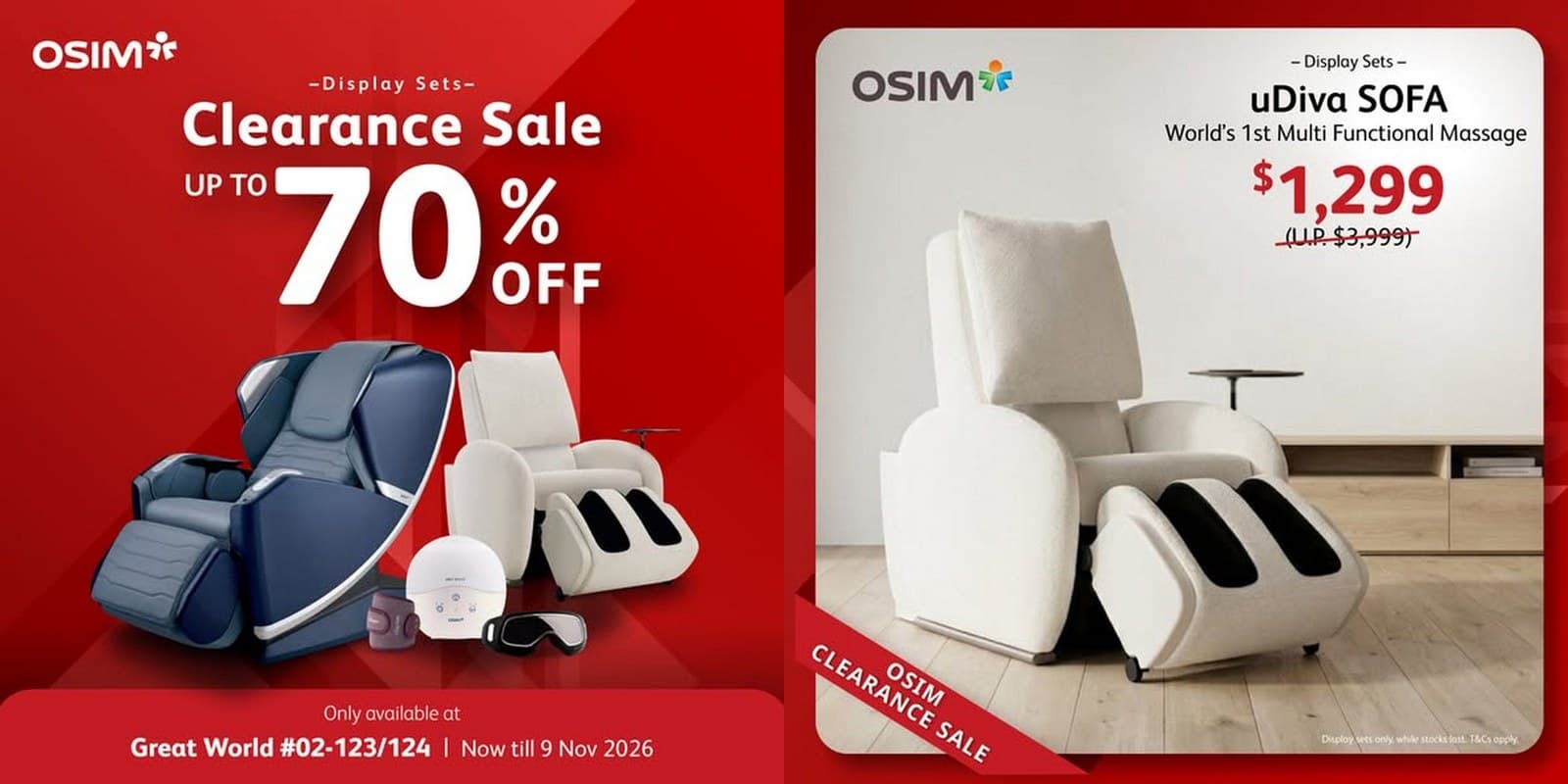OSIM Display Set Clearance Sale at Great World: Up to 70% Off, uLove 3 at $4,199 and uDiva Sofa at $1,299, Now Till 9 Nov 2026