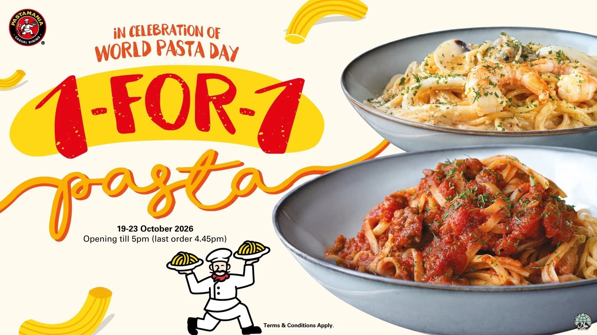 PastaMania World Pasta Day 1-for-1: Two Pastas for the Price of One, 19-23 Oct Before 5pm