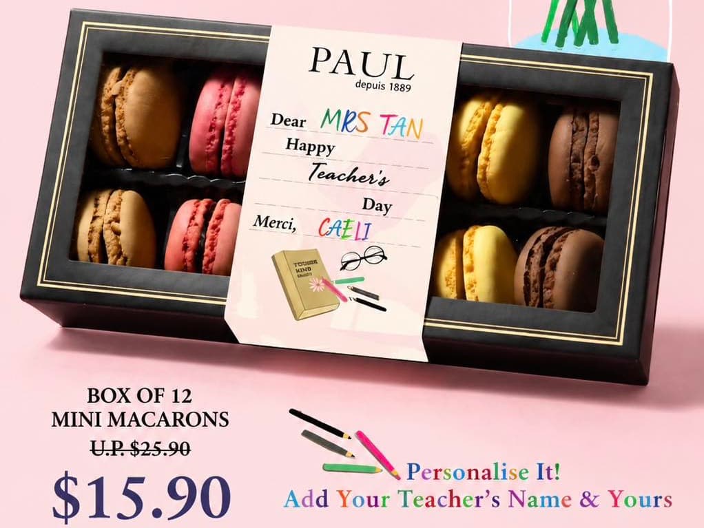 PAUL 教师节礼盒:12 颗迷你马卡龙 $15.90 ( 原价 $25.90 ),还能写上老师的名字,2026 年 8 月 20 日至 9 月 7 日 —— 但教师节是 9 月 4 日,隔天学校就放假了