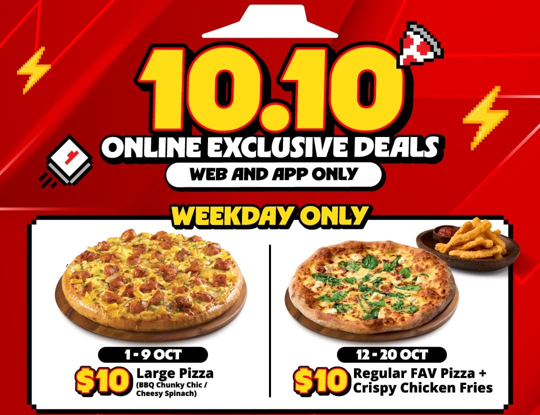 Pizza Hut 10.10 Online Exclusive Deals: $10 Large Pizza, $10 Off $50 With Code 1010OFF, 1 to 20 October 2026 (Weekday Rules Explained)