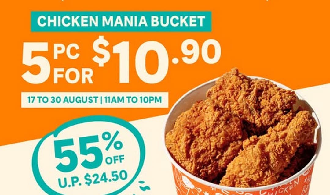 Popeyes Chicken Mania Bucket: 5pc Signature Chicken for $10.90 (U.P. $24.50, 55% Off) From TOMORROW, 17–30 Aug — But It Kills Your Wednesday $10 Bucket AND Popeyes Week, Because Nothing Stacks