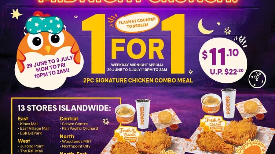 Popeyes 午夜脆脆 1 送 1 回归:2 块鸡套餐 $11.10(6 月 29 日–7 月 3 日,10pm–2am)