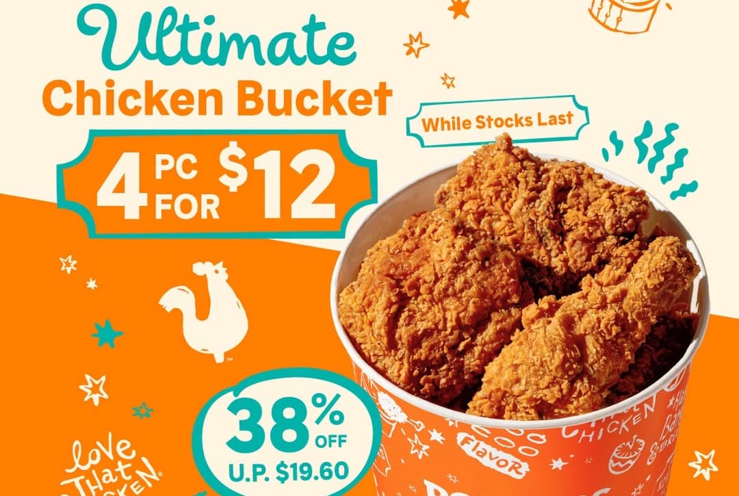 Popeyes Ultimate Chicken Bucket: 4pc Signature Chicken for $12 (U.P. $19.60, 38% Off), 3 to 20 Sep 2026, But Popeyes' Own Wednesday Bucket Sells Four Pieces for $10