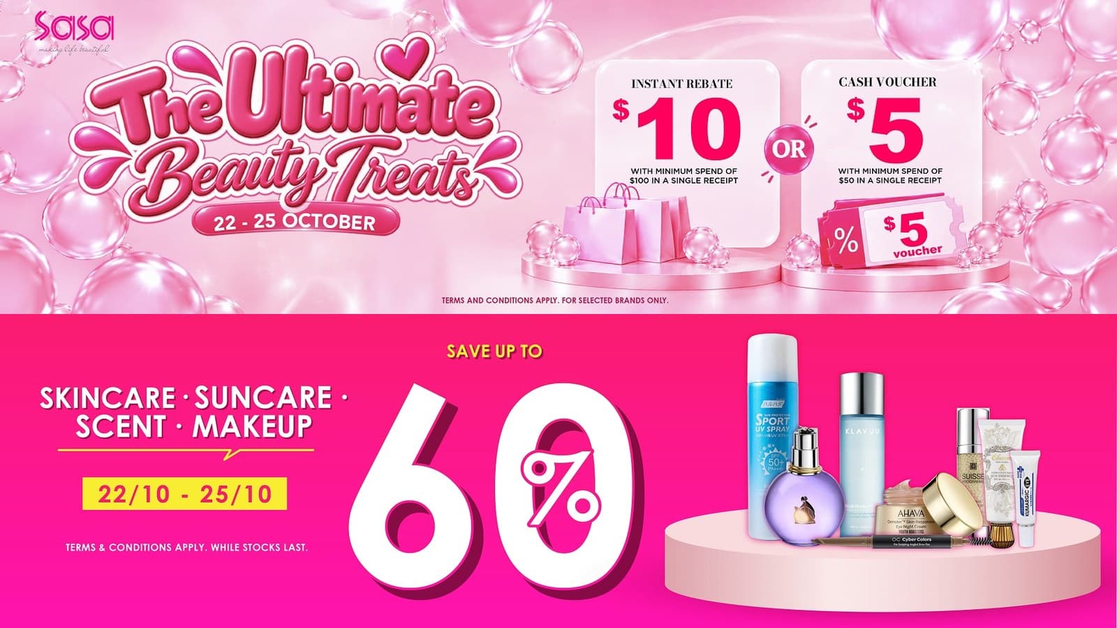 Sa Sa Ultimate Beauty Treats: $10 Off $100, a $5 Voucher and a Mystery Gift for Wearing Pink (22-25 Oct 2026)