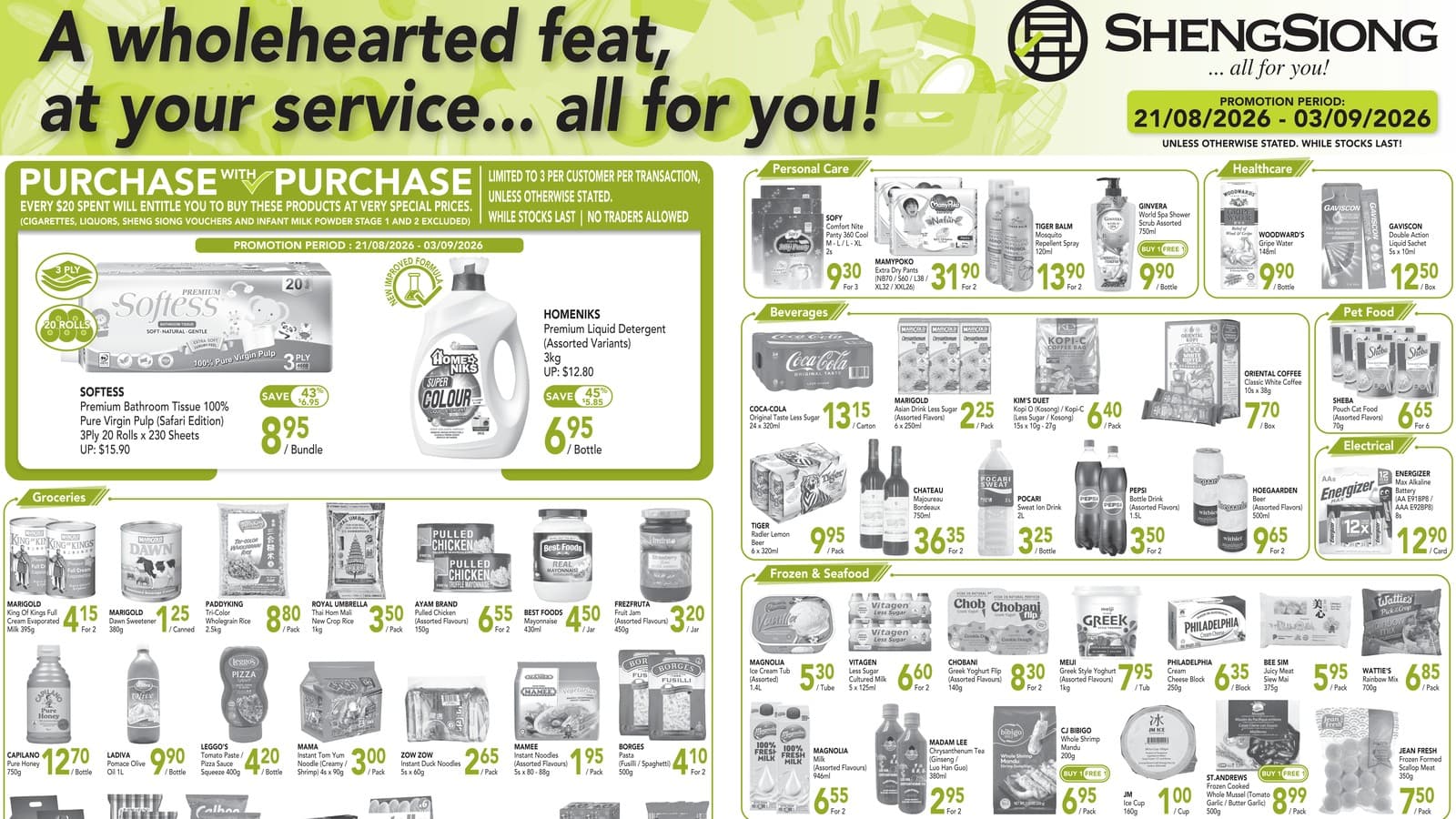 Sheng Siong's New 2-Week Special (21 Aug–3 Sep 2026): $8.95 Softess 20-Roll Tissue and $6.95 Homeniks 3kg Detergent Are Purchase-With-Purchase — And the Whole Fruit & Veg Page Dies a Week Early on 27 Aug