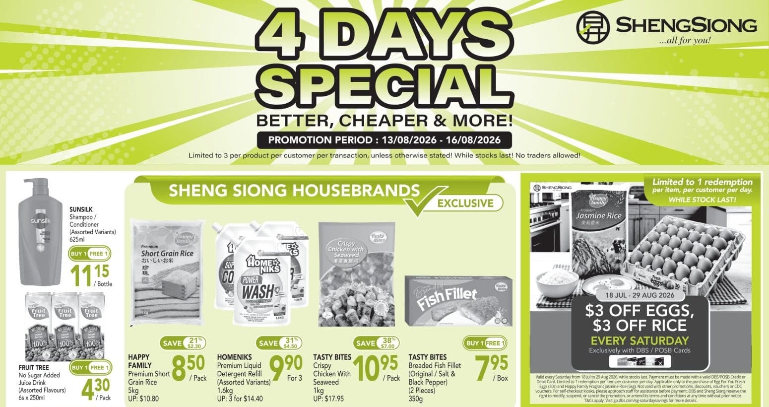 Sheng Siong's 4 Days Special Ends TOMORROW (Sun 16 Aug): Buy-1-Free-1 Sunsilk, Fruit Tree Juice, Breaded Fish Fillet & Roasted Unagi, Nanox Capsules 56% Off at $38.80 for 4 — Plus $3 Off Eggs AND Rice TODAY With DBS/POSB