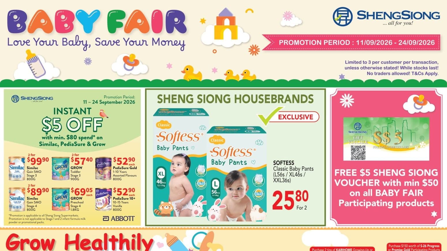 Sheng Siong Baby Fair to 24 Sep 2026: Softess Pants 2 for $25.80, a Free $5 Voucher at $50, and a Poster With No Usual Prices