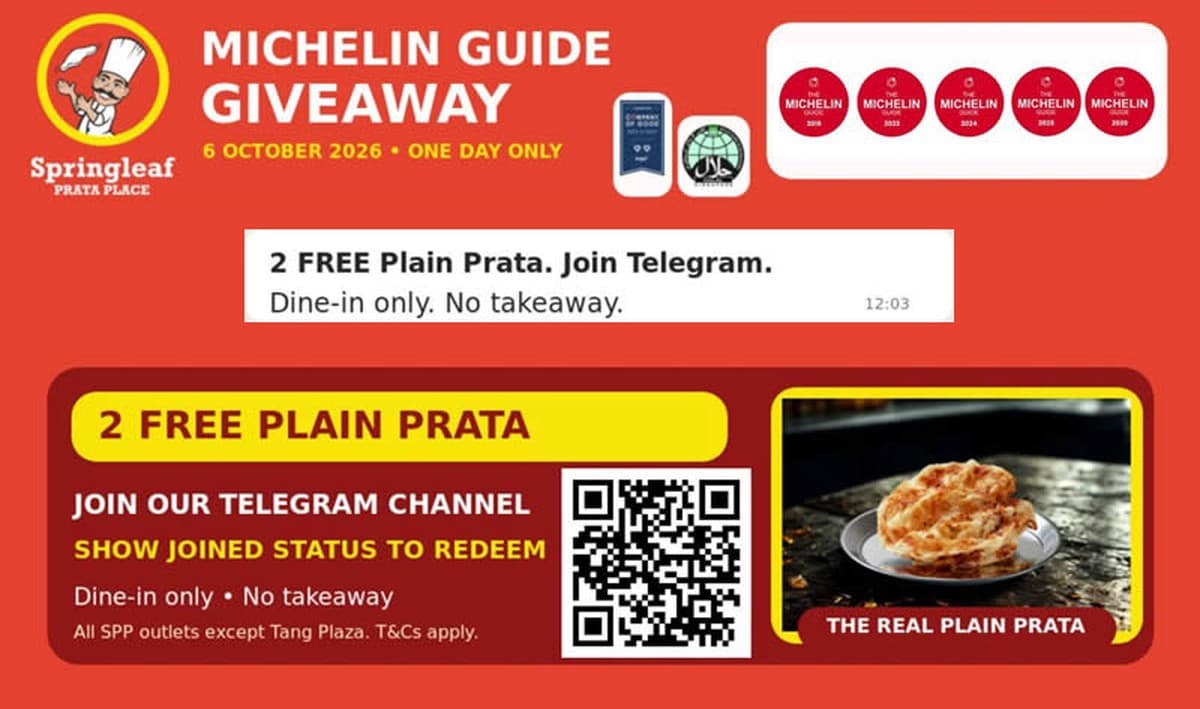Springleaf Prata Place Gives 2 Free Plain Prata on Tue 6 Oct 2026: Join Its Telegram Channel, Dine In