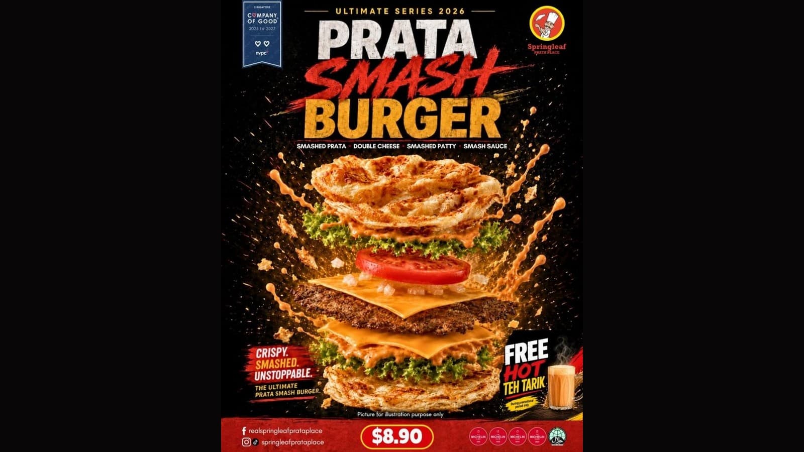 Springleaf Prata Place's Prata Smash Burger: Crispy Prata 'Buns', Double Cheese & a Smashed Patty for $8.90 — With a FREE Hot Teh Tarik (Till 31 Aug)