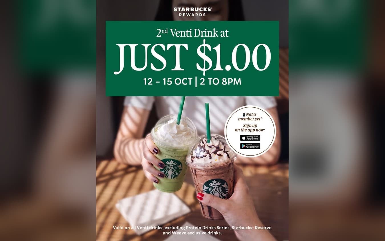 Starbucks $1 Second Venti Is Back: 12-15 Oct 2026, 2pm-8pm, Rewards Members Only