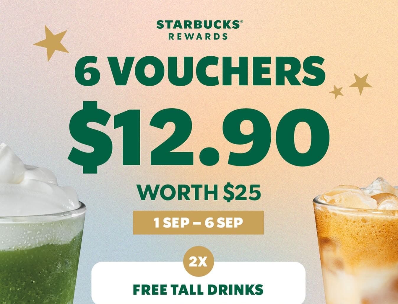 Starbucks $12.90 Voucher Pack: 6 Vouchers Worth $25, On Sale 1 to 6 Sep 2026
