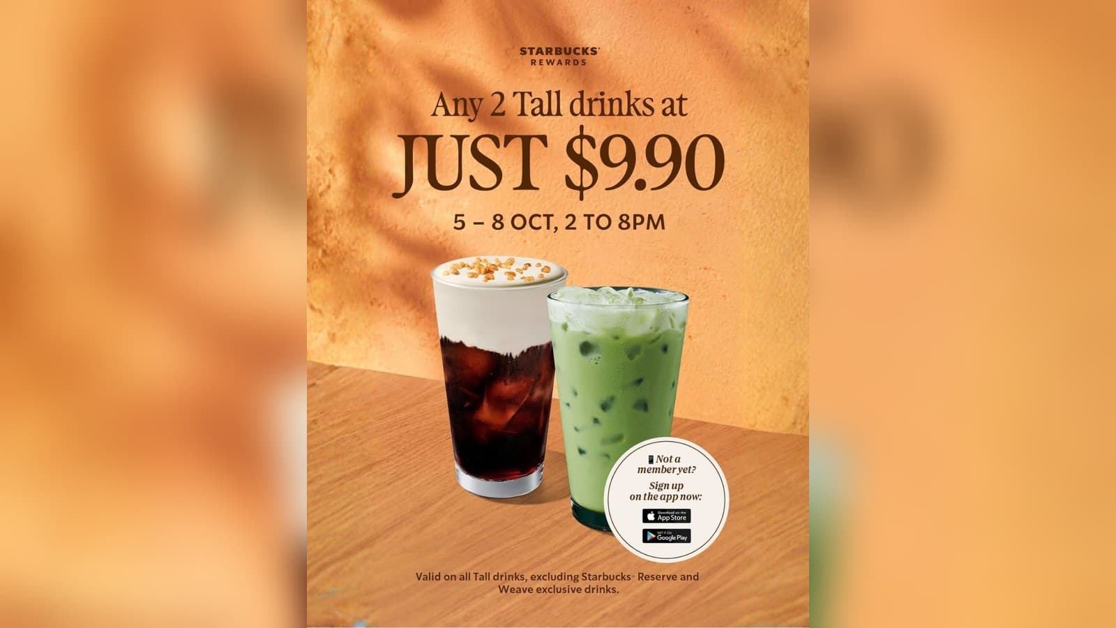 Starbucks Rewards: Any 2 Tall Drinks for $9.90, 5-8 Oct 2026, 2pm-8pm Only, 3 Vouchers per Member