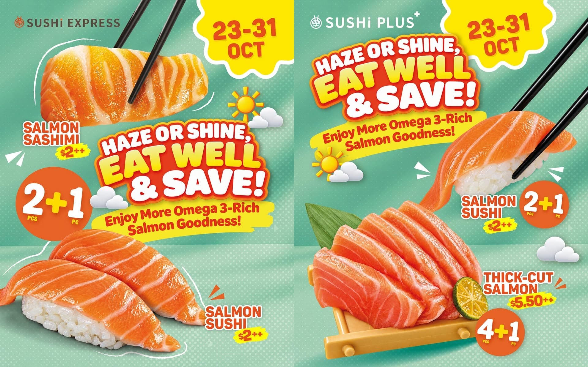 Sushi Express and Sushi Plus Salmon Promo: Extra Piece Free on $2++ Salmon Plates, 23-31 Oct 2026
