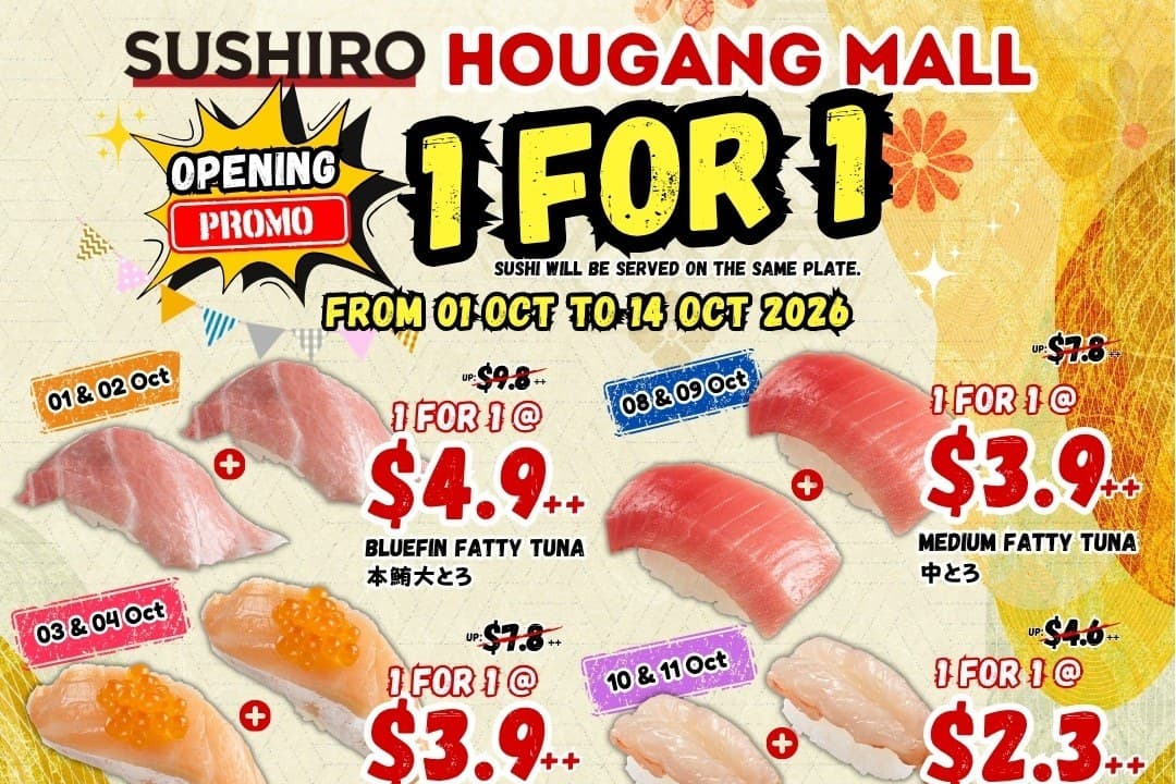 Sushiro Hougang Mall Opens With Rotating 1-for-1 Sushi and $1.50++ Free-Flow Drinks (1-14 Oct 2026)