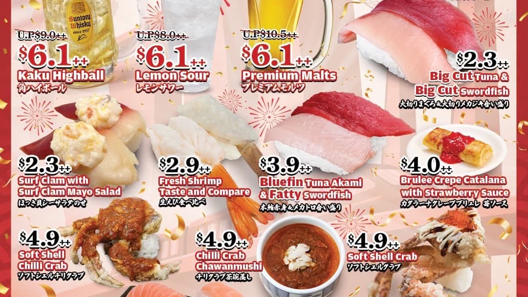 Sushiro's SG61 Menu Is Live (5–11 Aug) — Assorted Sashimi at $6.10++ (U.P. $9.90++), Three Drinks at $6.10++, a Chilli Crab Trio at $4.90++ & a $15.90++ SG61 6+1 Platter