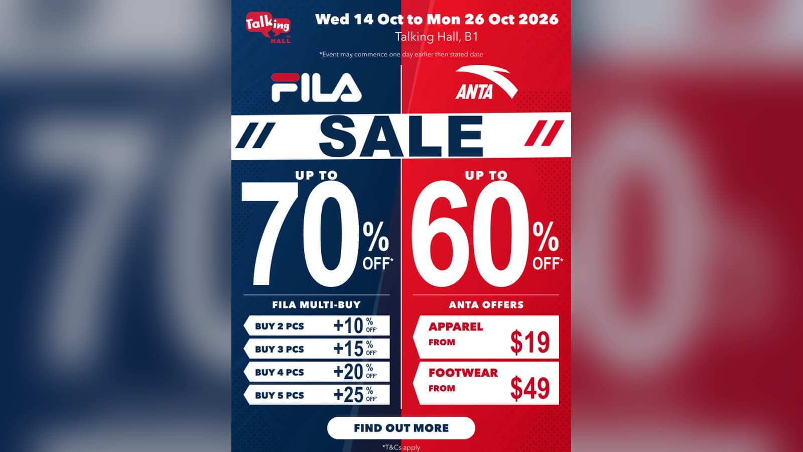 高岛屋 Fila 与安踏特卖: Talking Hall 最低 3 折, 2026 年 10 月 14 日至 26 日