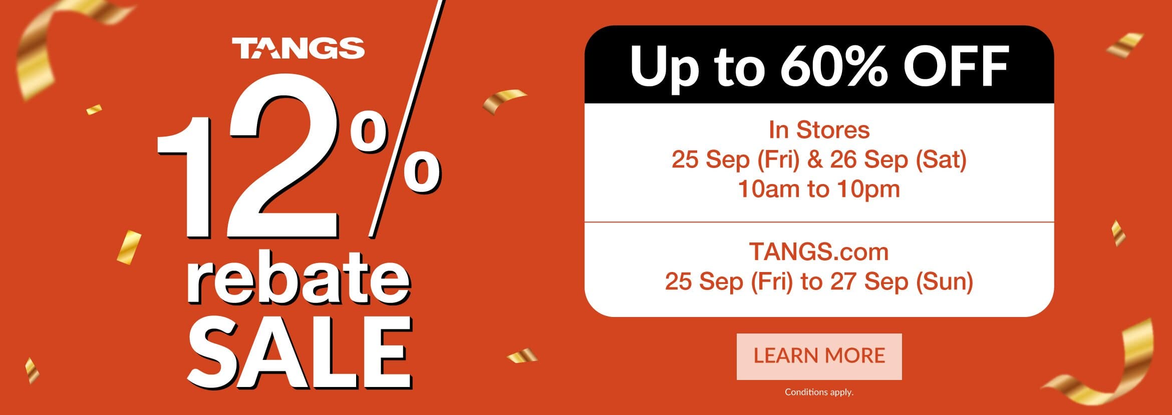 TANGS 94 周年 12% 回馈大促: 最高 6 折以下, 门店 2026 年 9 月 25 日 (周五) 与 26 日 (周六), 网店做到 9 月 27 日 (周日)