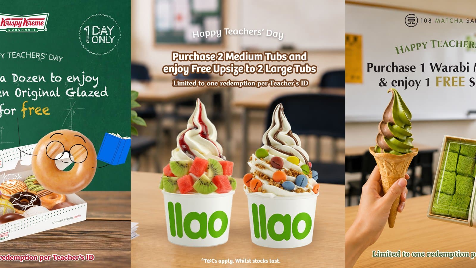教师节好康,仅限 2026 年 9 月 4 日:Krispy Kreme 送半打甜甜圈、llaollao 免费升级、108 Matcha Saro 送霜淇淋