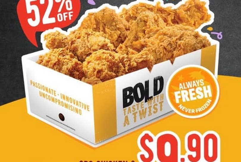 Texas Chicken「WednesYAY」— 3 块炸鸡 + 4 块鸡翅 $9.90(5 折,原价 $20.70),每逢星期三