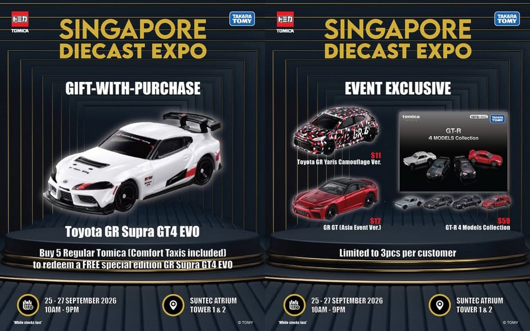 Tomica at the Singapore Diecast Expo, 25-27 Sep 2026: Free GR Supra With 5 Cars, $5 Event Models and a $49 Lancer Evo at Suntec