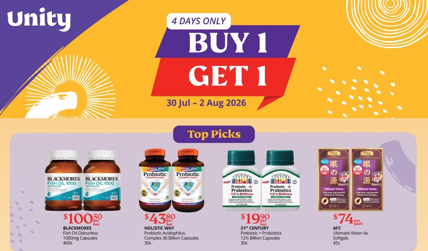 Unity Pharmacy Buy 1 Get 1 FREE — 4 Days Only, 20 Lines From Blackmores to Colgate, QV & Neutrogena (30 Jul–2 Aug 2026)