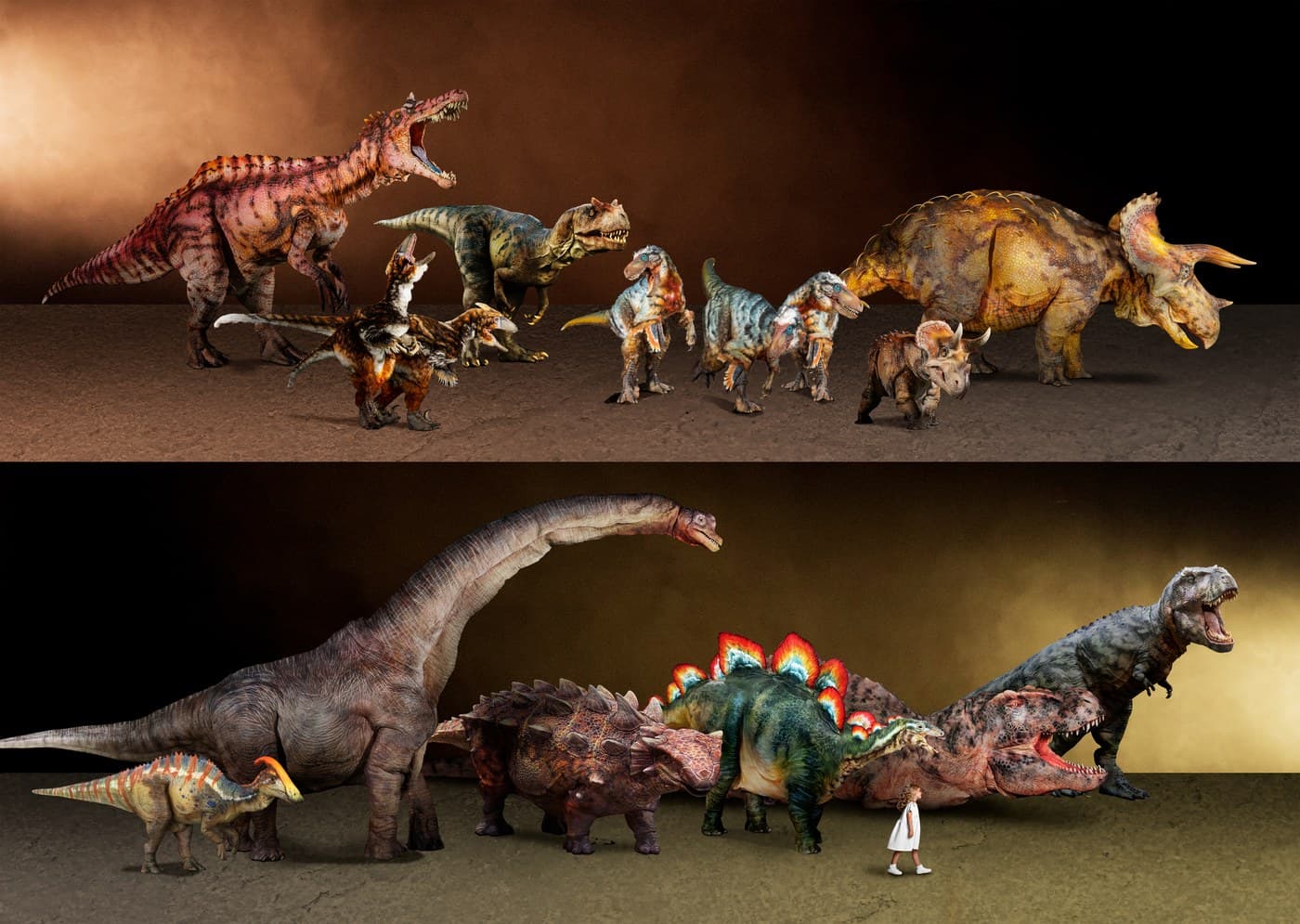 The full cast of DINOSAUR ODYSSEY life-sized dinosaurs on stage.