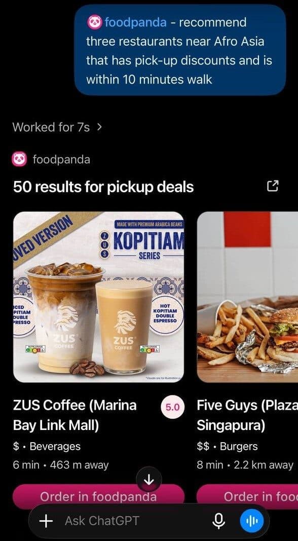 Screenshot of the foodpanda plug-in in ChatGPT recommending pickup deals near Afro Asia, showing ZUS Coffee and Five Guys results.