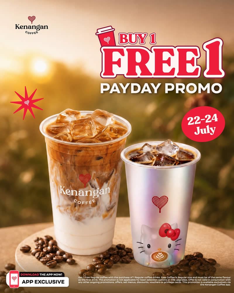 Kenangan Coffee Singapore's official Payday Promo poster: an iced Kenangan latte and an iced black coffee on a wooden surface with coffee beans, under large red 'BUY 1 FREE 1 PAYDAY PROMO' lettering and a '22-24 July' badge, with an 'App Exclusive' banner along the bottom.