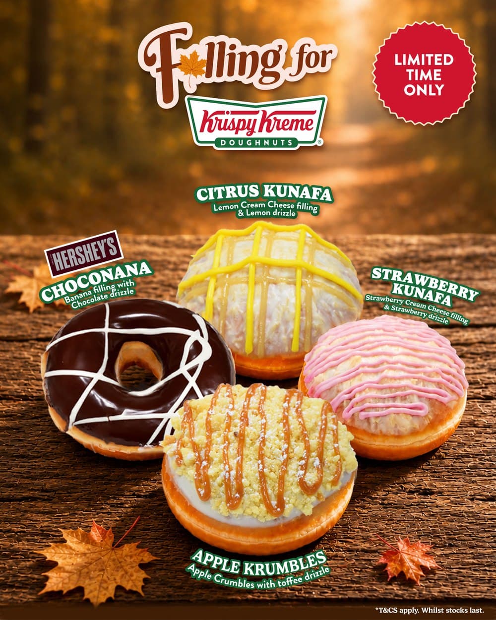 Krispy Kreme Singapore Falling for Krispy Kreme Autumn Series poster: four doughnuts — Hershey's ChocoNana, Citrus Kunafa, Strawberry Kunafa and Apple Krumbles — on a wooden table with autumn leaves, marked Limited Time Only.