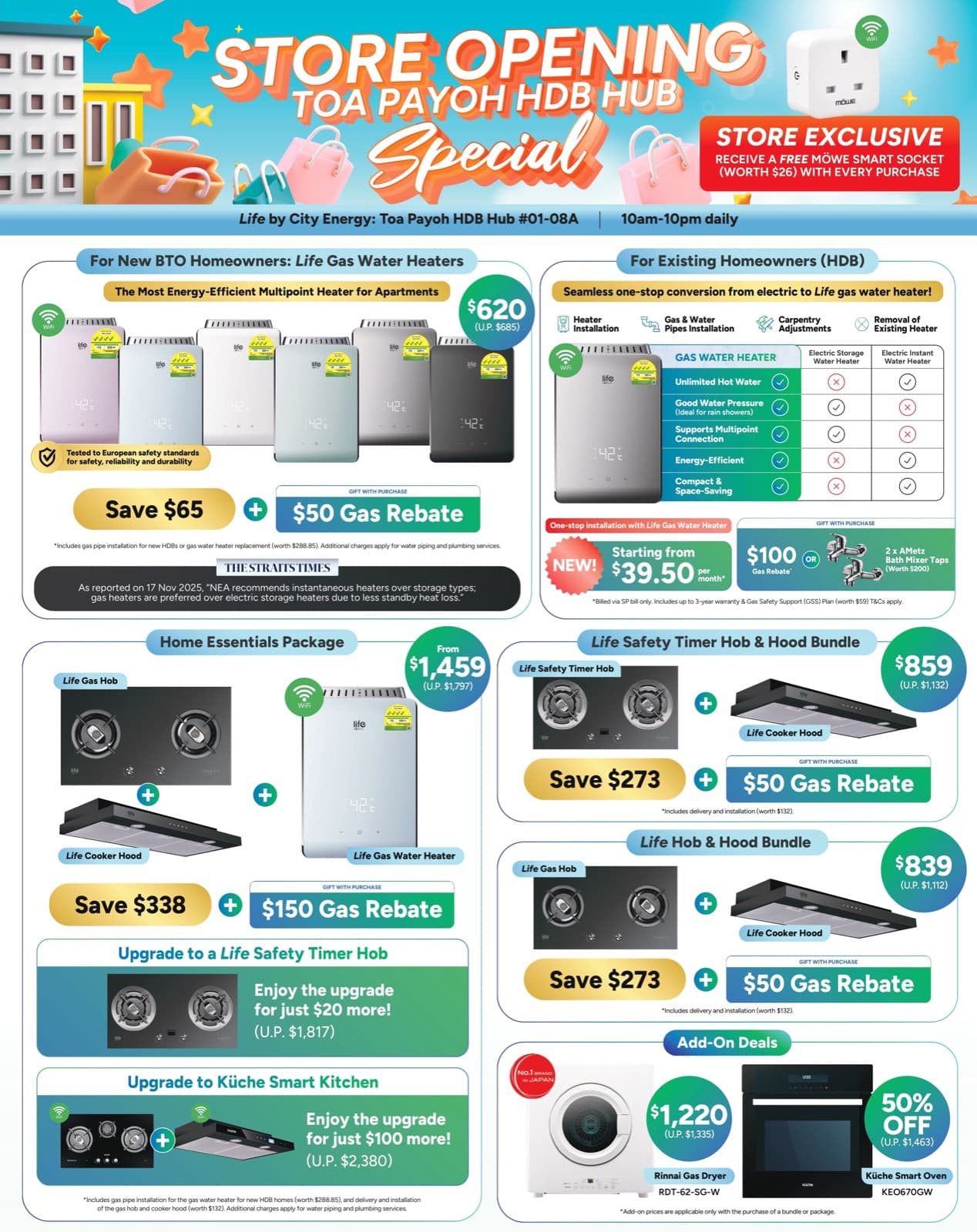 Life by City Energy Toa Payoh HDB Hub store opening flyer: gas water heaters, packages, bundles and rebates.